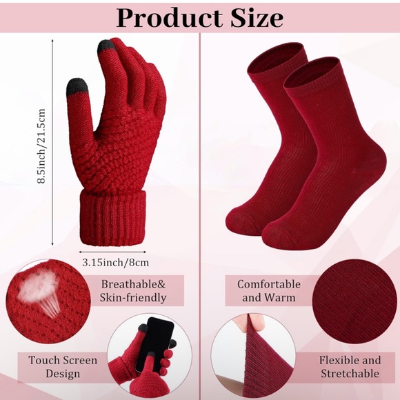 Women Winter Warm Knit Hat Scarf cap and Glove Wine Red - Picture 4 of 7